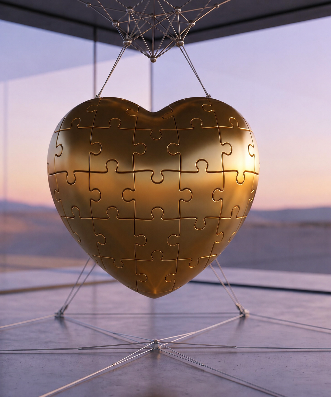 Golden puzzle-piece heart sculpture suspended in a pavilion overlooking a desert landscape at dusk.